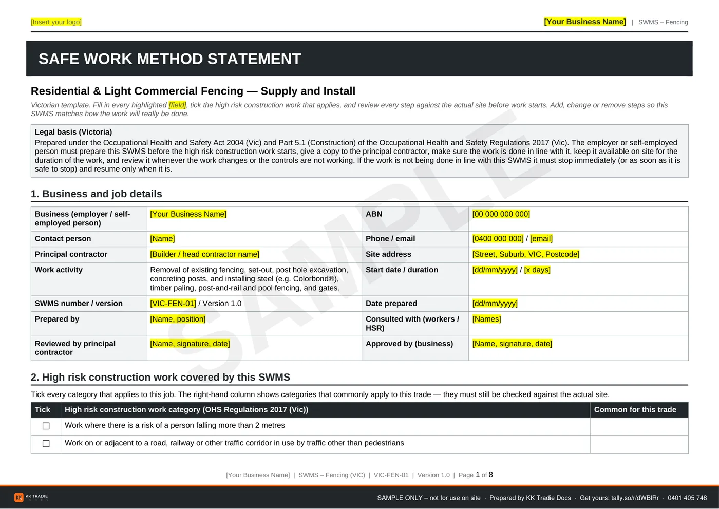 First page of a sample fencing SWMS: business and job details, and the high risk construction work checklist
